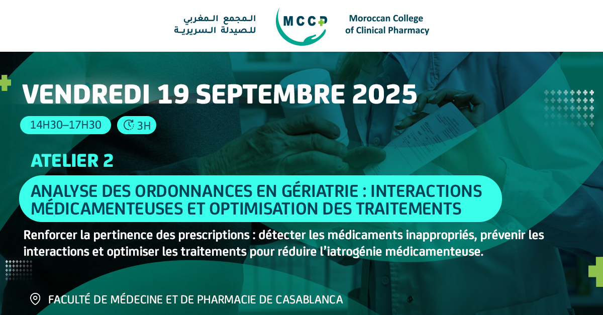 Affiche de l’évènement MCCP : Atelier 2 — Analyse des ordonnances en gériatrie — Vendredi 19 septembre 2025, Casablanca