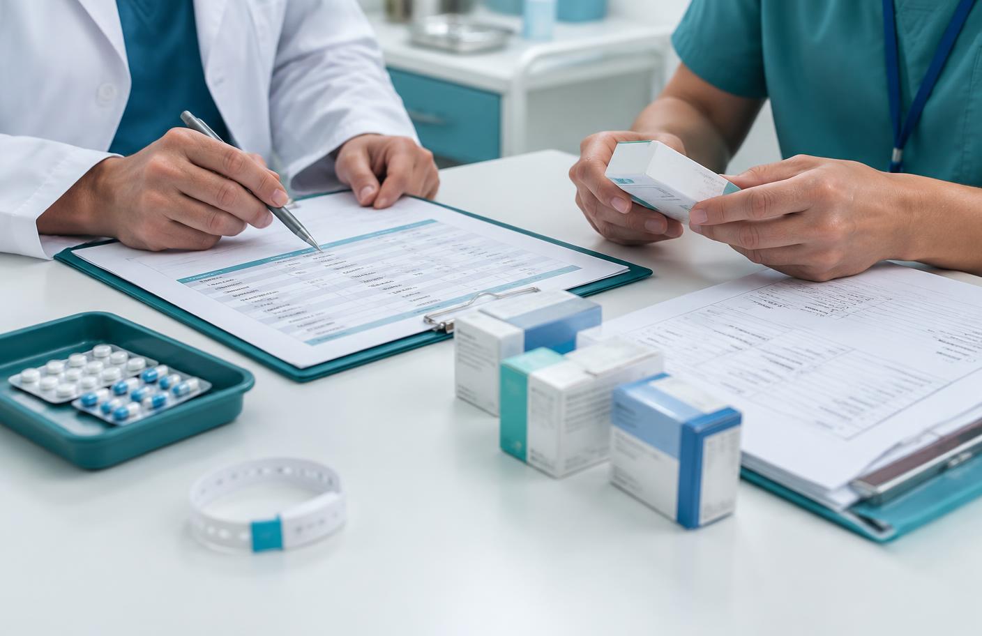 Professionnels vérifiant ensemble un traitement médicamenteux