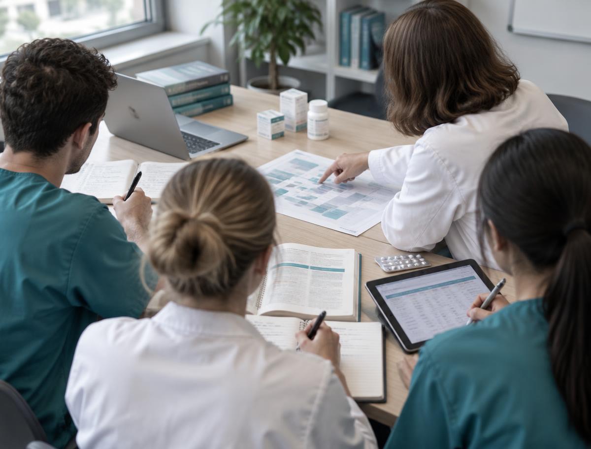 Étudiants et jeunes pharmaciens en séance de travail encadrée