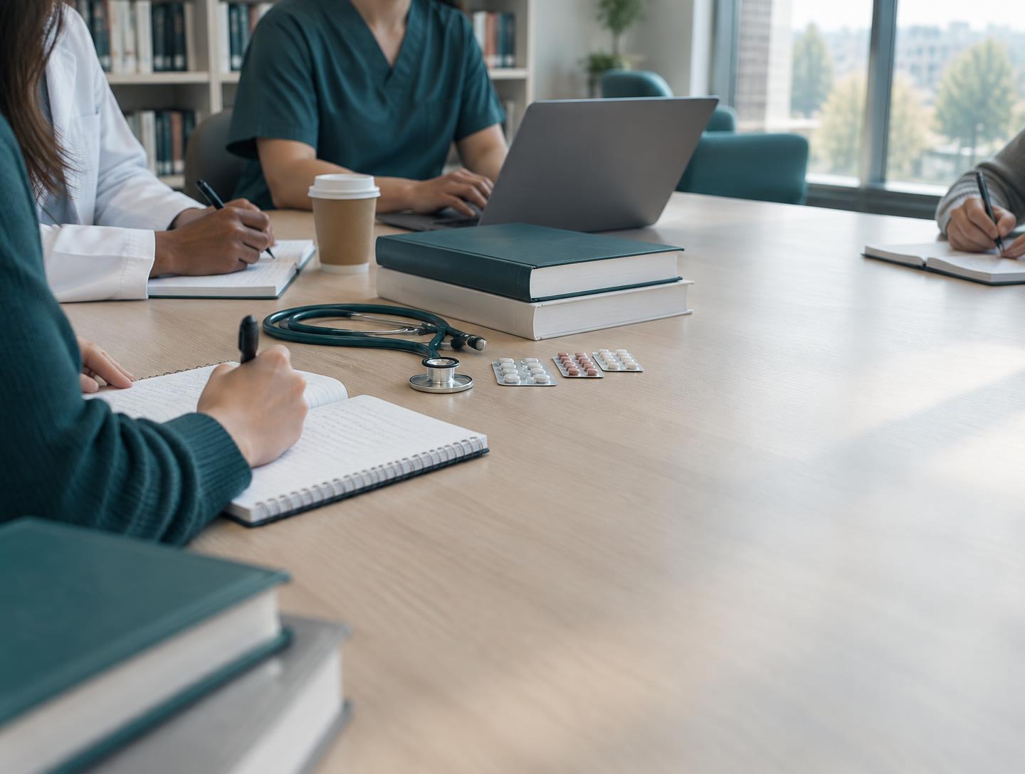 Jeunes pharmaciens en séance de travail autour d'une table, mains et documents visibles